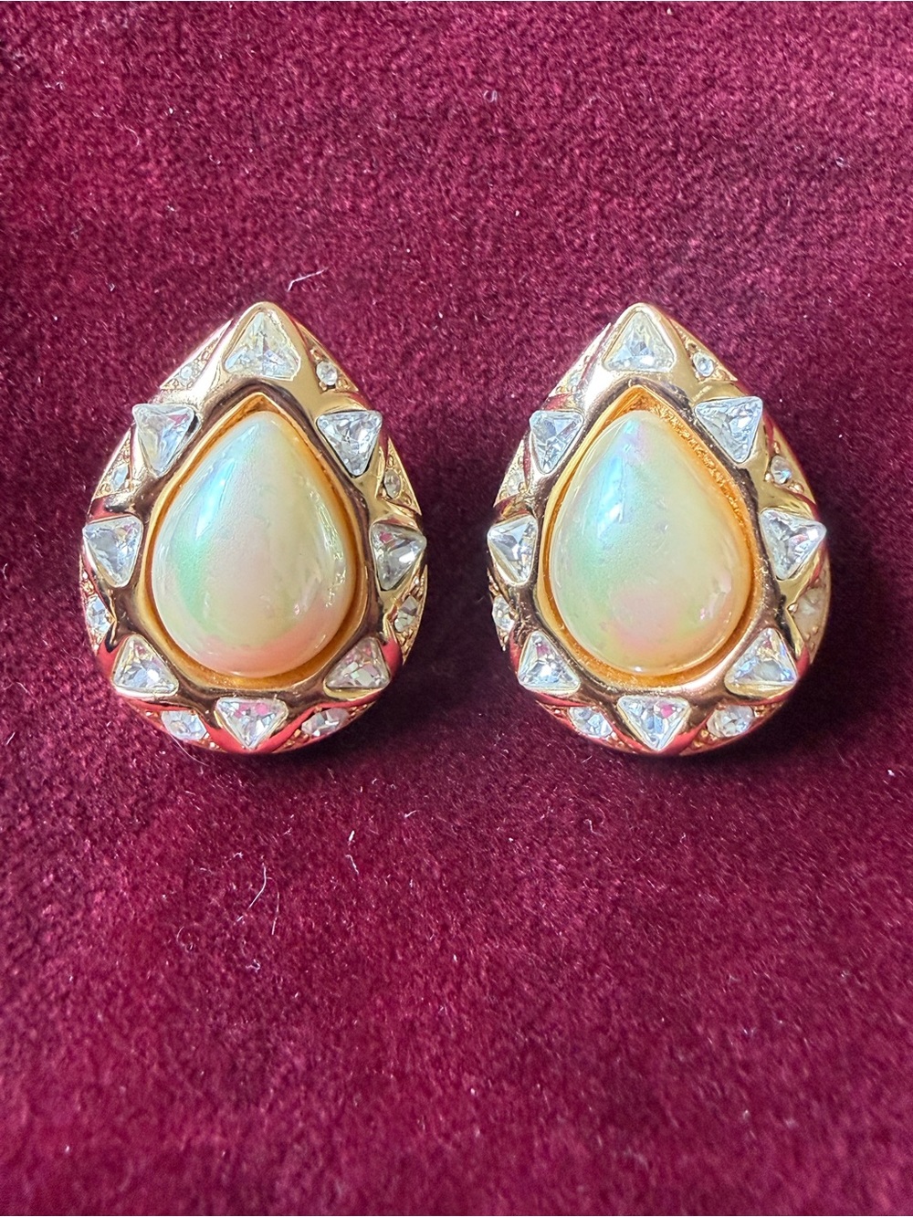 Vtg Dior Gold Teardrop Opal-Effect Earrings with Clear Crystal Accents